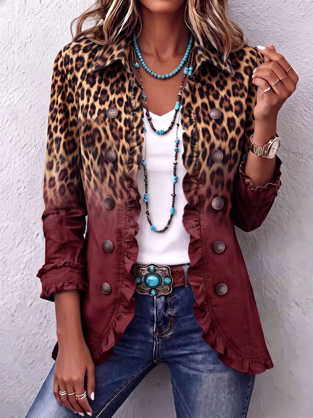Women's Leopard Jacket – Gradient Print Ruffle Trim