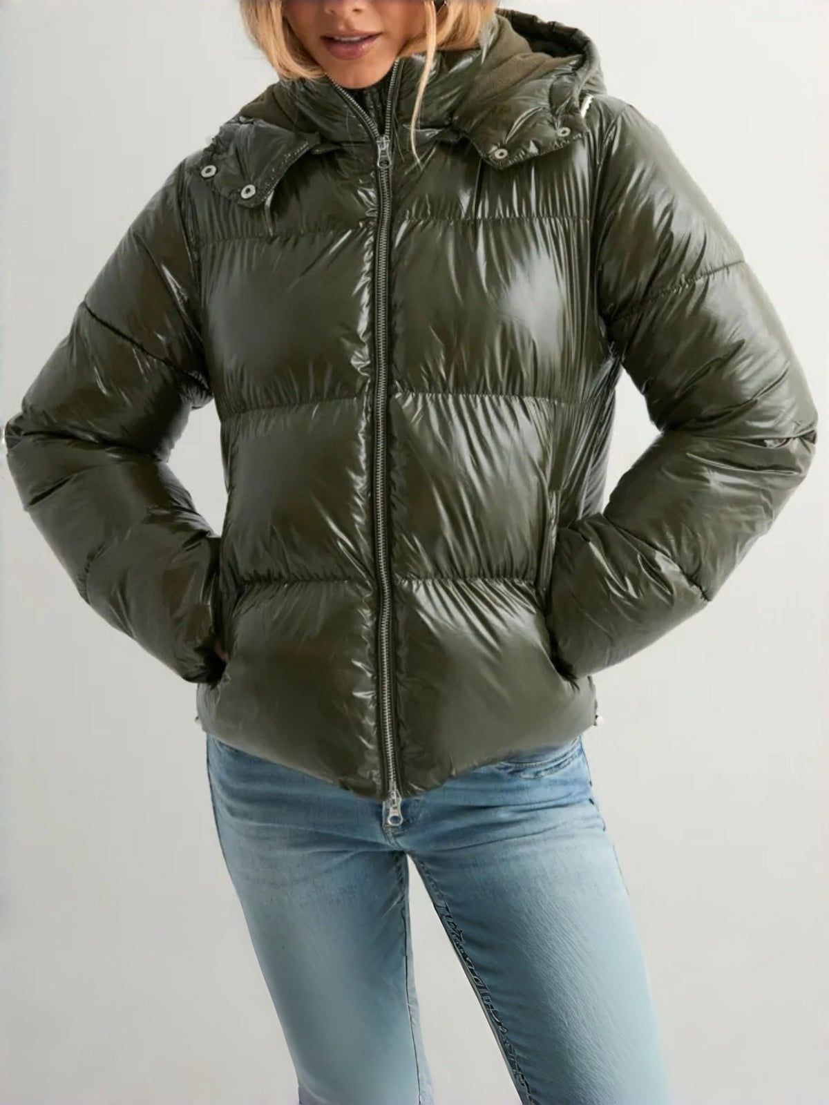 Women's Shiny Puffer Jacket – Quilted Hooded Zip Pockets