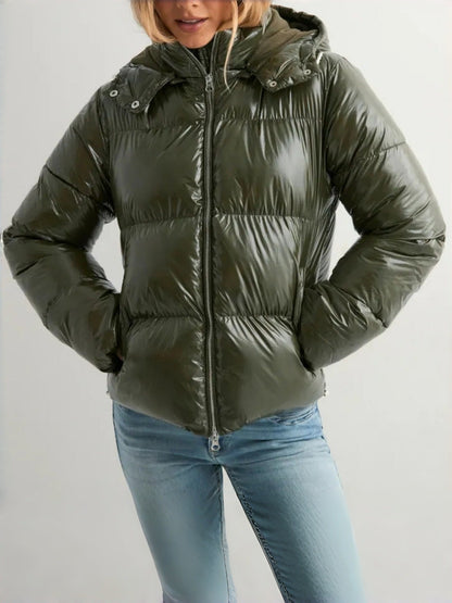 Women's Shiny Puffer Jacket – Quilted Hooded Zip Pockets