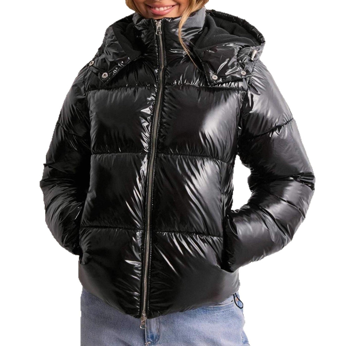 Women's Shiny Puffer Jacket – Quilted Hooded Zip Pockets