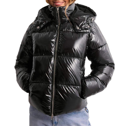 Women's Shiny Puffer Jacket – Quilted Hooded Zip Pockets