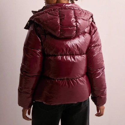 Women's Shiny Puffer Jacket – Quilted Hooded Zip Pockets