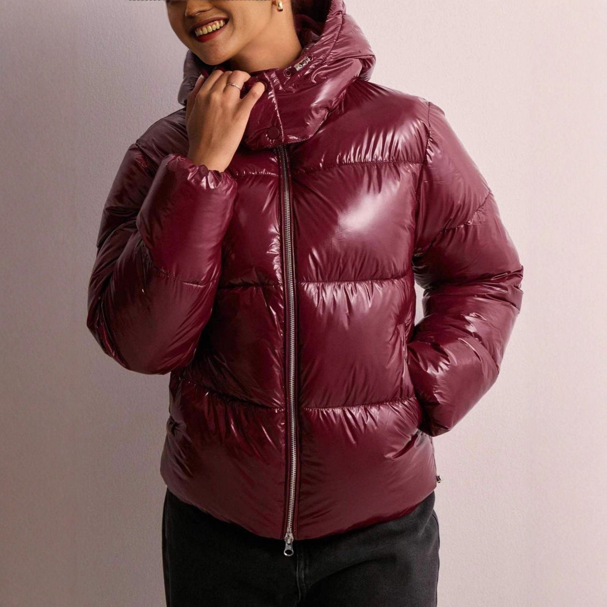 Women's Shiny Puffer Jacket – Quilted Hooded Zip Pockets