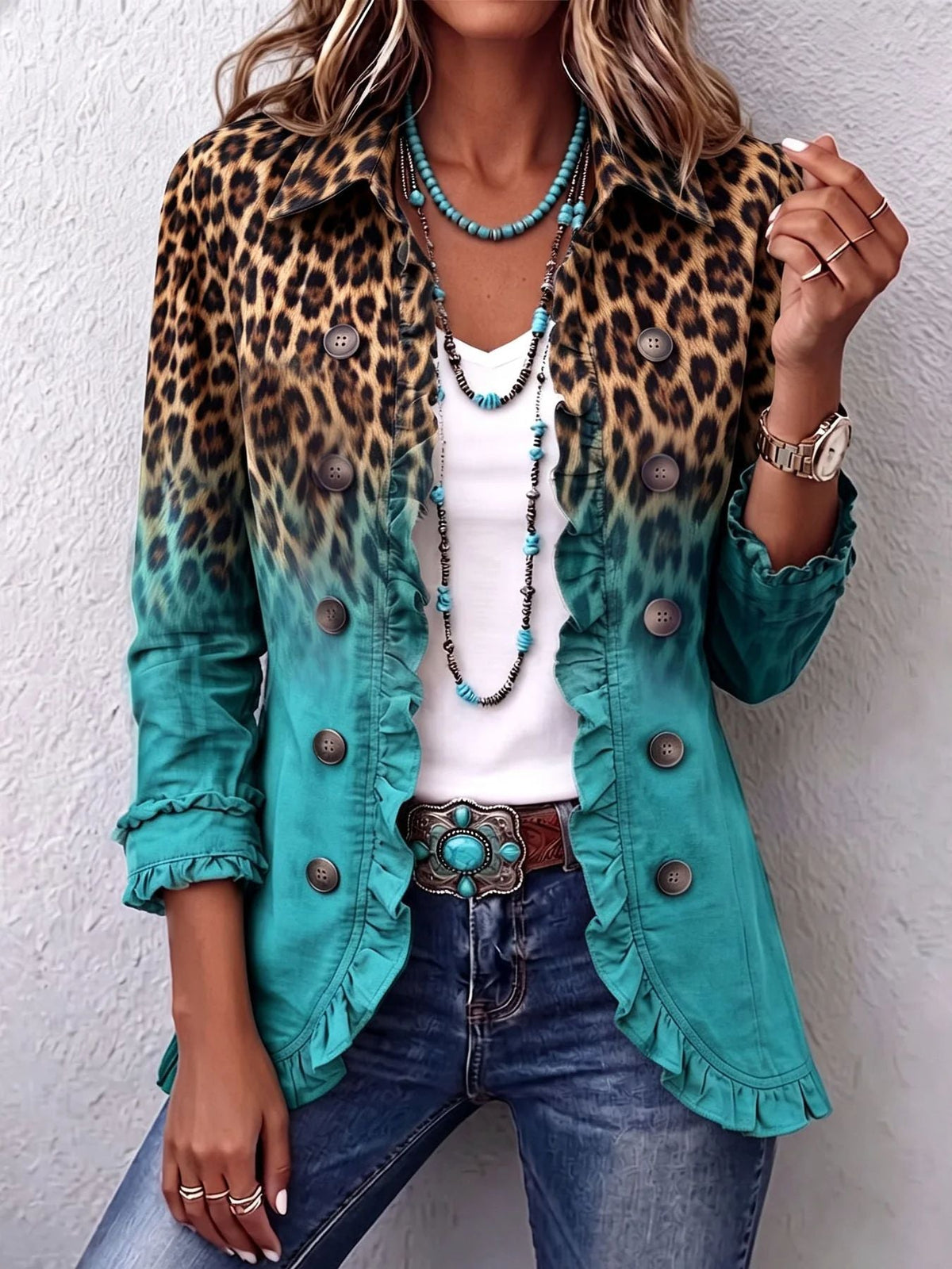Women's Leopard Jacket – Gradient Print Ruffle Trim