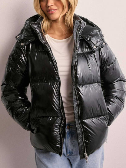 Women's Shiny Puffer Jacket – Quilted Hooded Zip Pockets