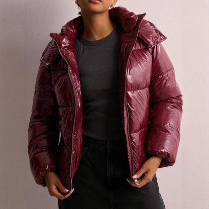 Women's Shiny Puffer Jacket – Quilted Hooded Zip Pockets