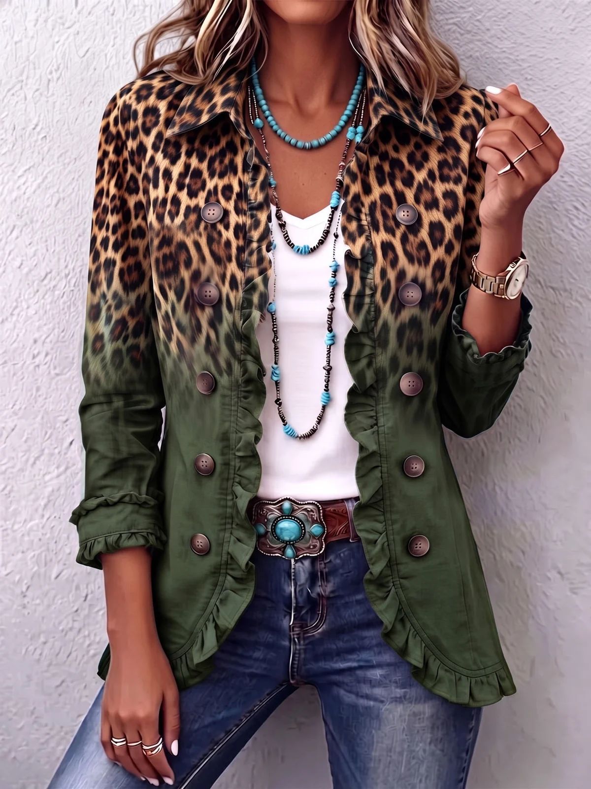 Women's Leopard Jacket – Gradient Print Ruffle Trim