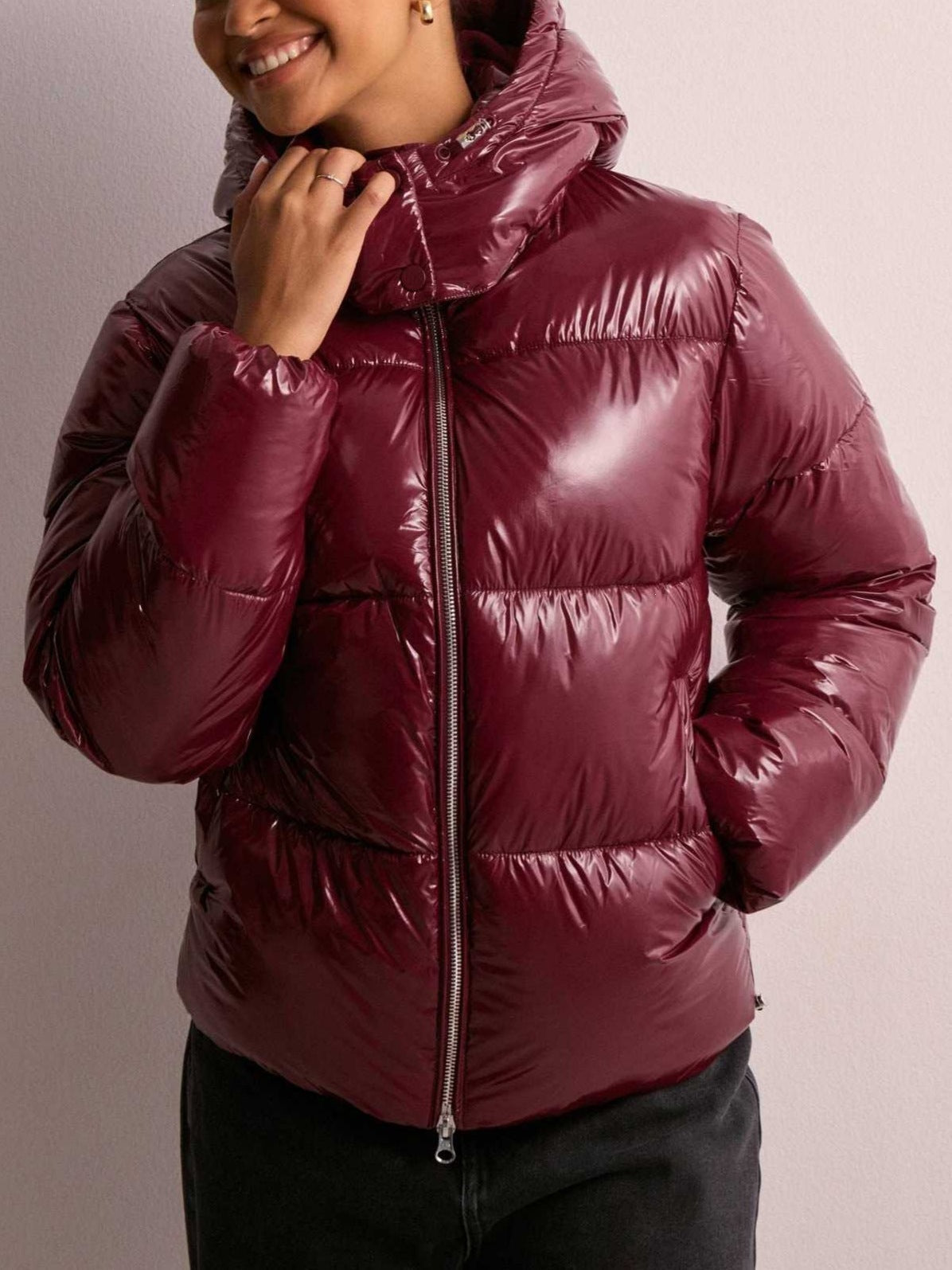 Women's Shiny Puffer Jacket – Quilted Hooded Zip Pockets