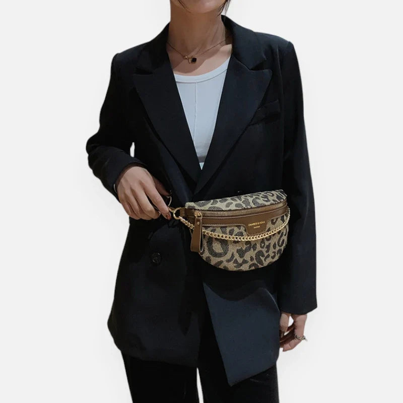 Women's Leopard Print Belt Bag – Crossbody Bag with Gold Chain