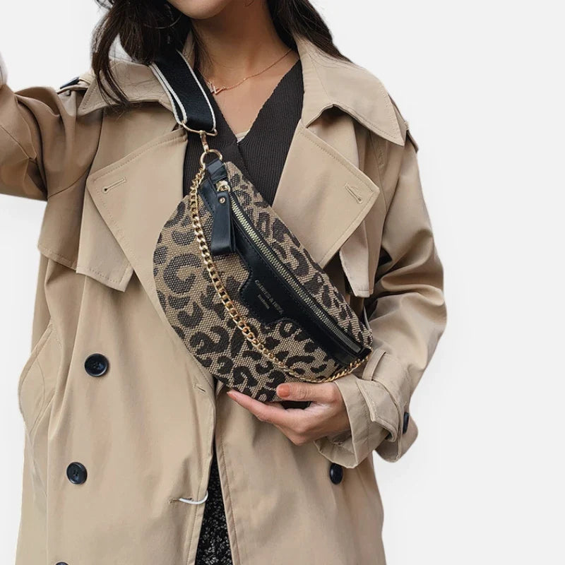 Women's Leopard Print Belt Bag – Crossbody Bag with Gold Chain