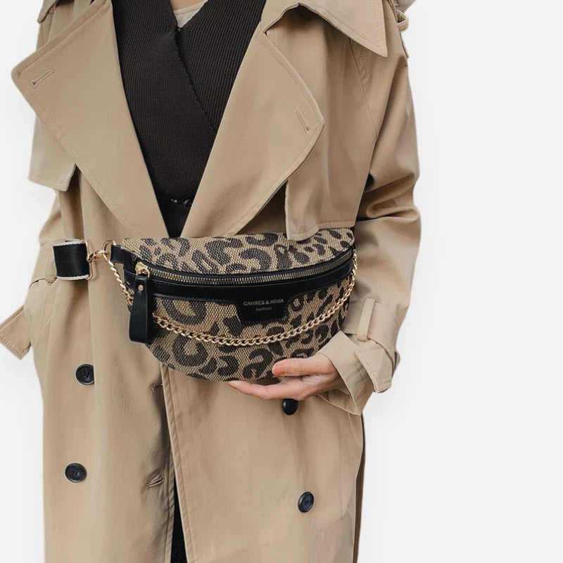Women's Leopard Print Belt Bag – Crossbody Bag with Gold Chain