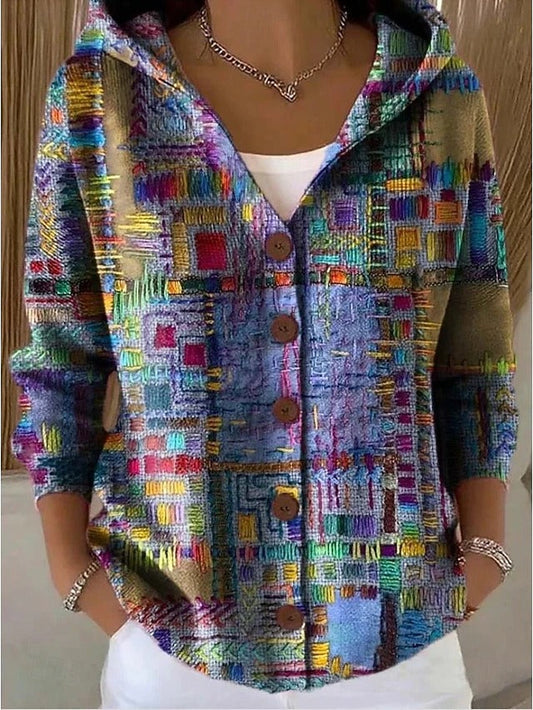 Women's Vintage Print Hooded Cardigan in Purple