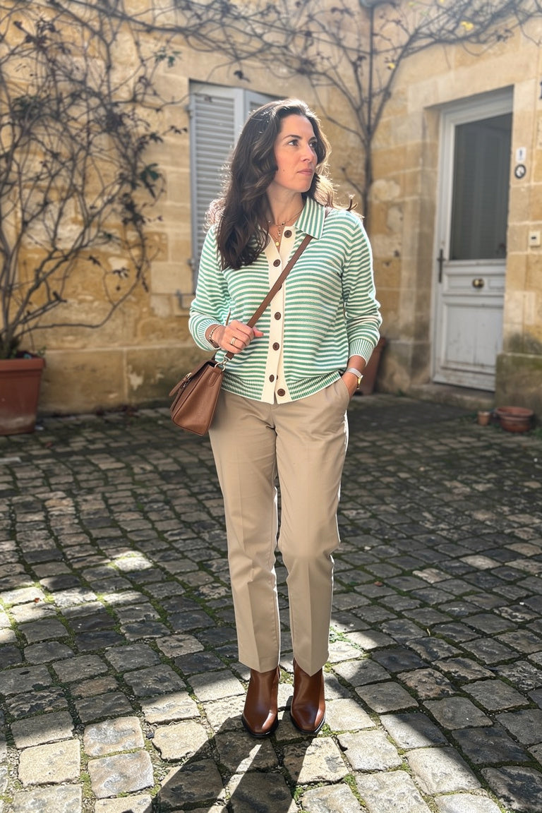 Women's Striped Cardigan – Full Button Fine Stripes Relaxed Fit