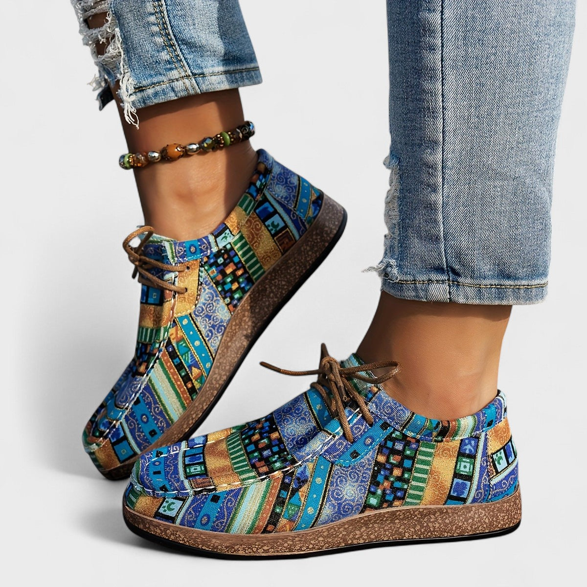 Women's Boho Woven Trainers – Lace-Up Chunky Sole Trainers