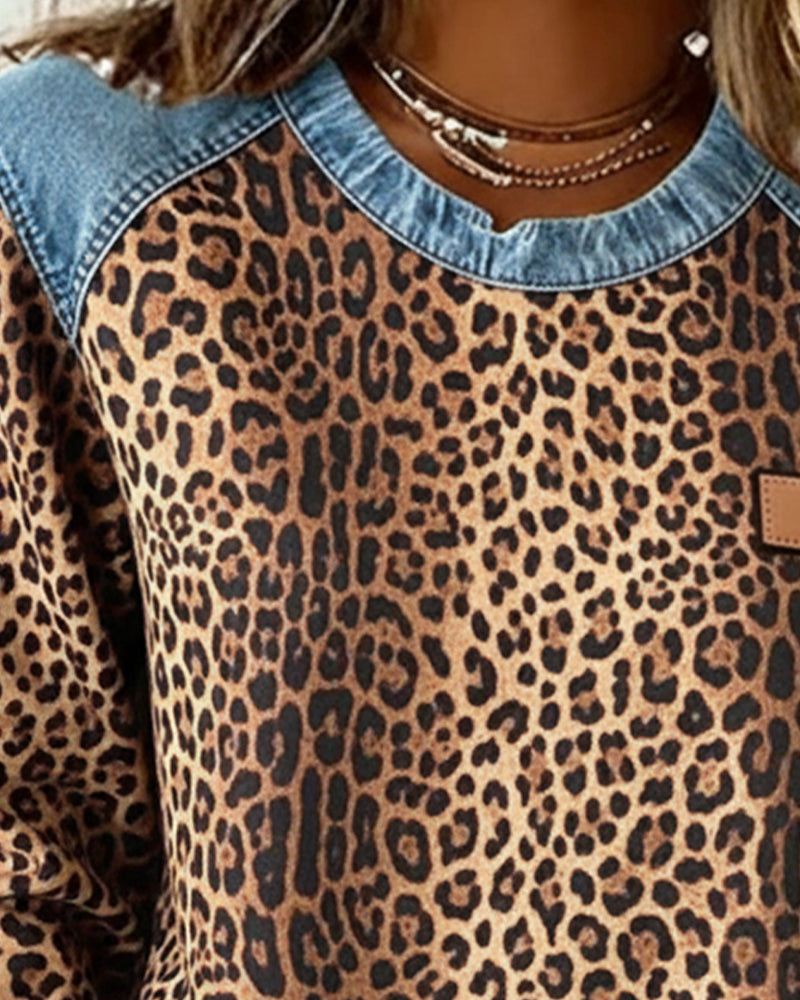 Women's Leopard Print Sweater – Denim-Look Panels Round Neck