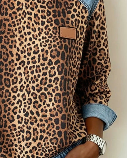 Women's Leopard Print Sweater – Denim-Look Panels Round Neck