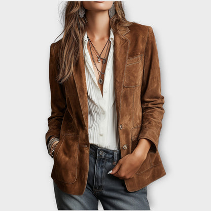 Women's Fitted Suede-Look Blazer – Buttoned with Pockets
