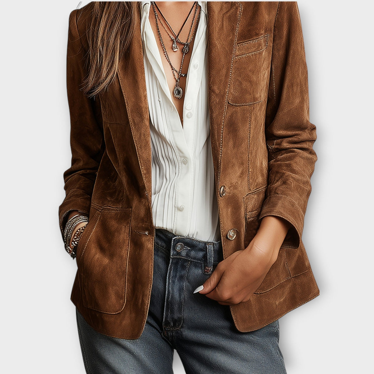 Women's Fitted Suede-Look Blazer – Buttoned with Pockets