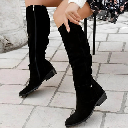 Women's Knee-High Boots – Low Block Heel Side Zip