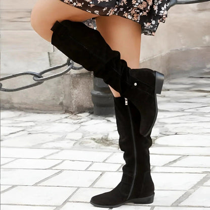 Women's Knee-High Boots – Low Block Heel Side Zip