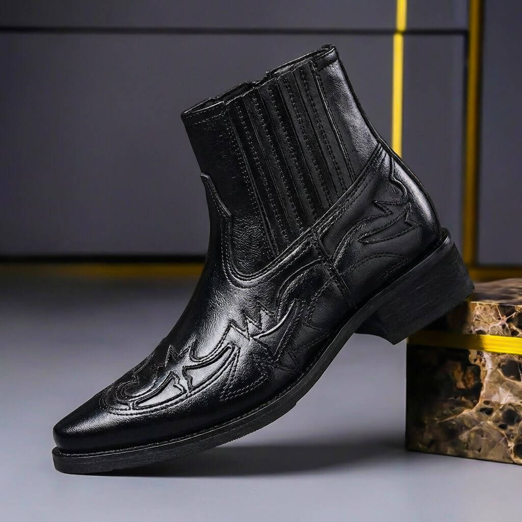Men's Cowboy Boots – Pointed-Toe Western Ankle Boots Elastic Sides