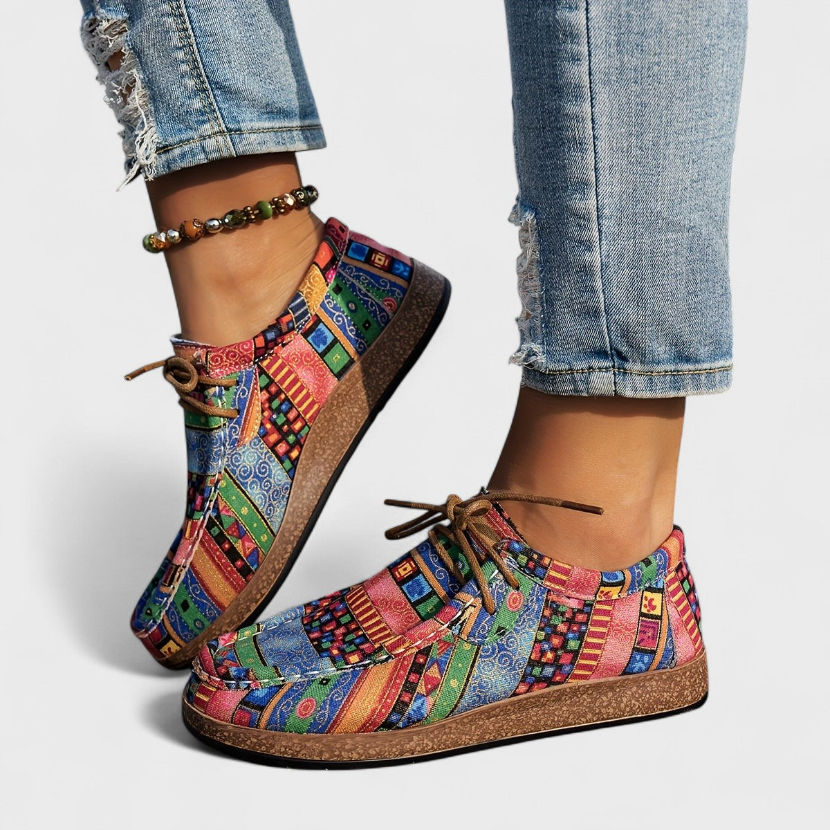 Women's Boho Woven Trainers – Lace-Up Chunky Sole Trainers