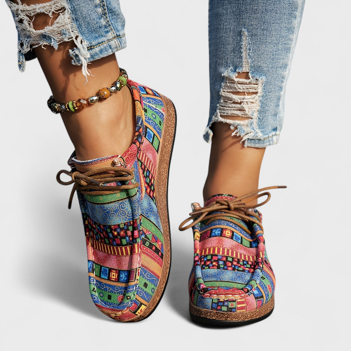 Women's Boho Woven Trainers – Lace-Up Chunky Sole Trainers