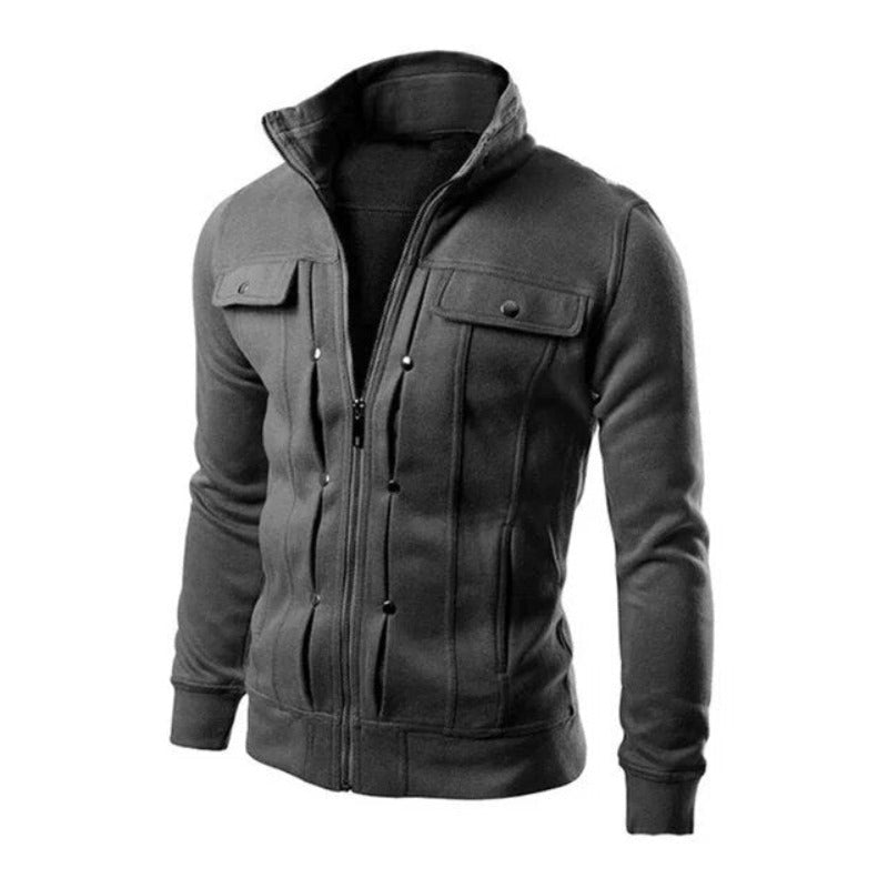 Men's Zipped Jacket – Stand Collar Multi-Pocket