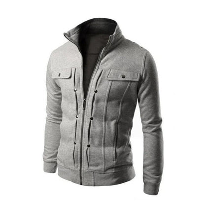 Men's Zipped Jacket – Stand Collar Multi-Pocket