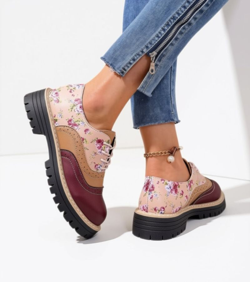 Women's Floral Derby Shoes with Cleated Sole – Lace-Up Shoes