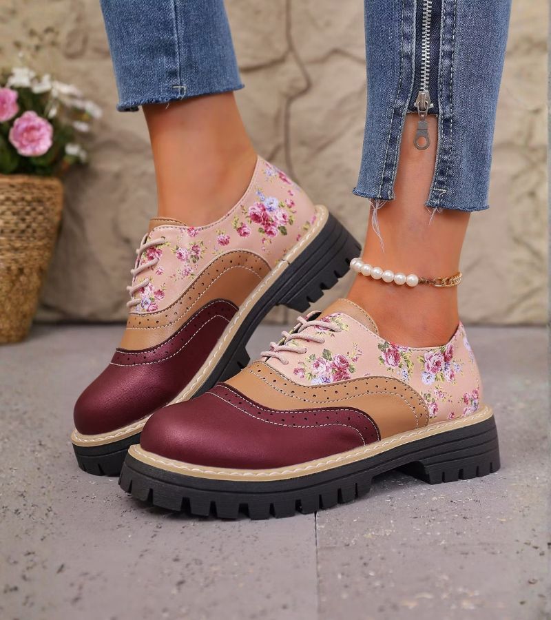 Women's Floral Derby Shoes with Cleated Sole – Lace-Up Shoes