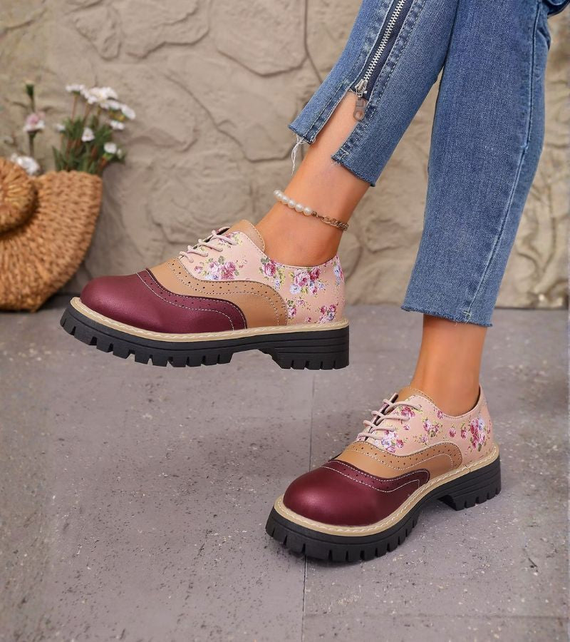Women's Floral Derby Shoes with Cleated Sole – Lace-Up Shoes