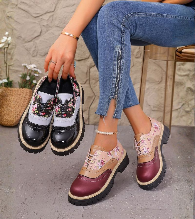 Women's Floral Derby Shoes with Cleated Sole – Lace-Up Shoes