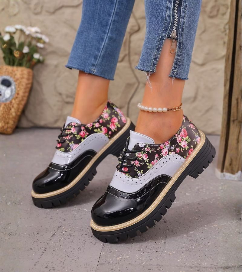 Women's Floral Derby Shoes with Cleated Sole – Lace-Up Shoes