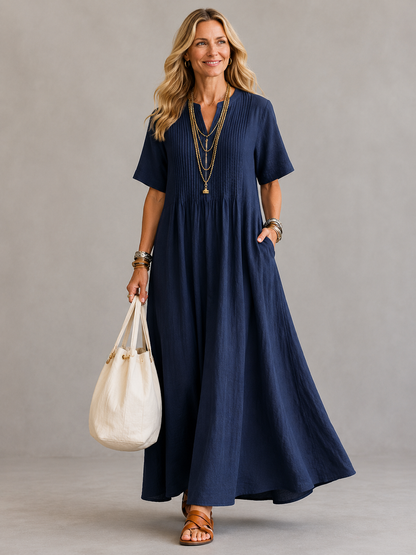 Robe Longue Plissée Femme Col V – Robe Ample avec Poches