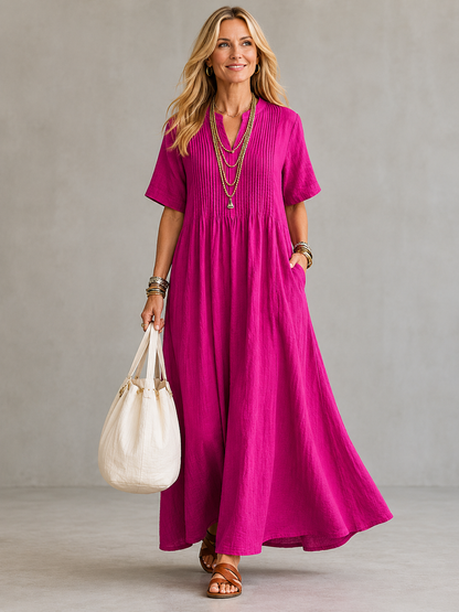 Robe Longue Plissée Femme Col V – Robe Ample avec Poches