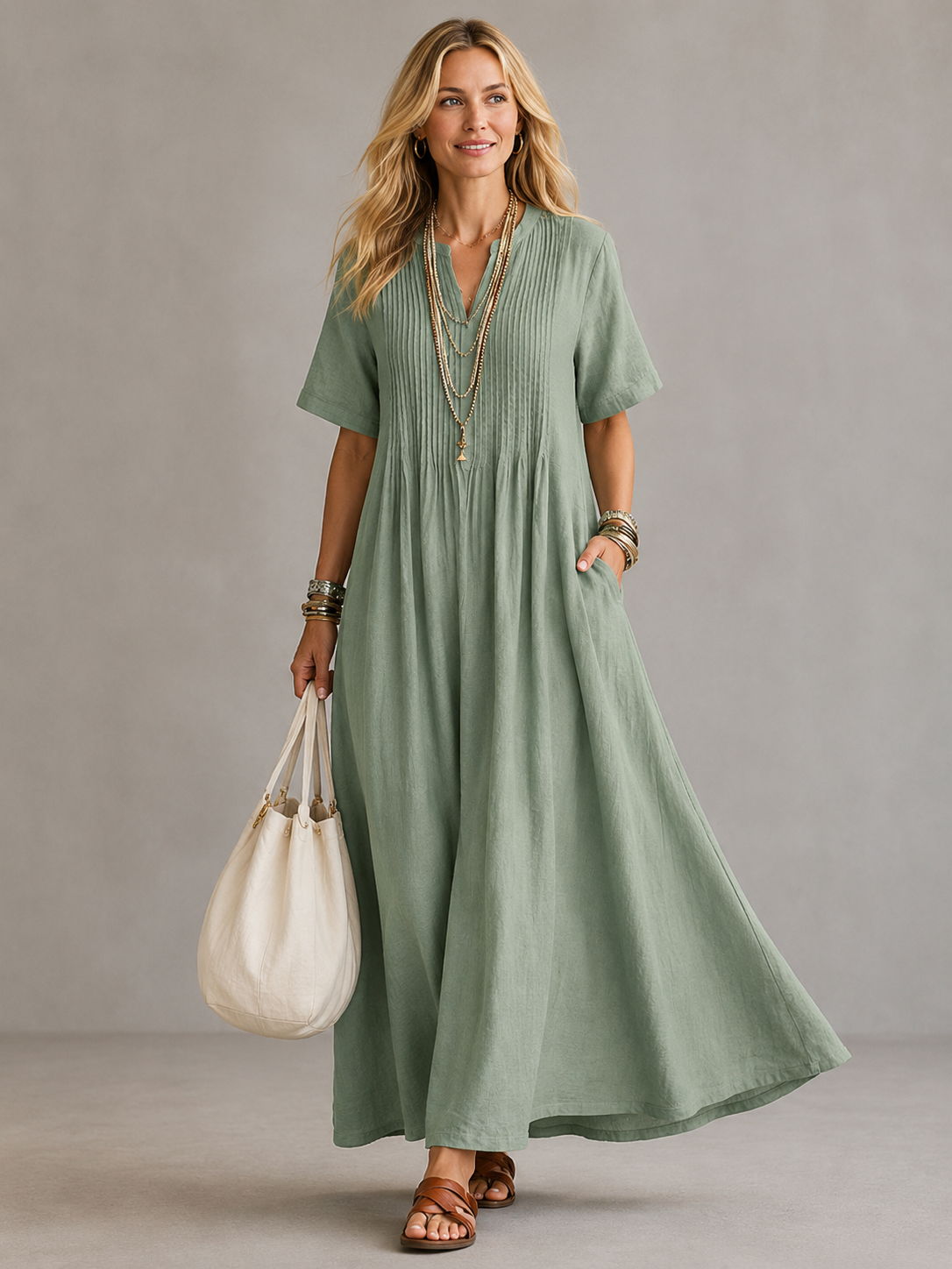 Robe Longue Plissée Femme Col V – Robe Ample avec Poches