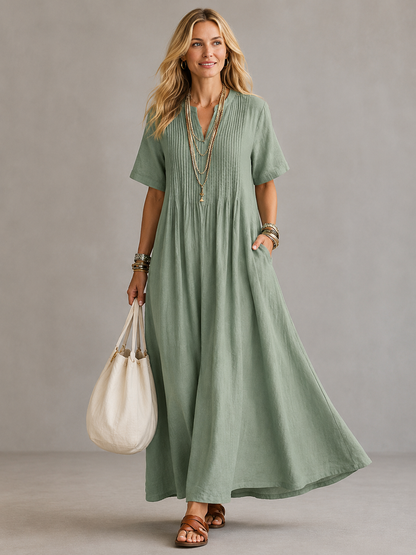 Robe Longue Plissée Femme Col V – Robe Ample avec Poches
