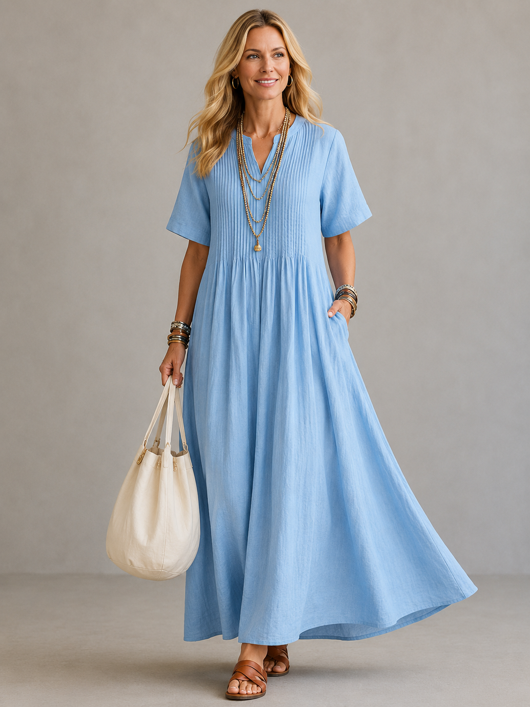 Robe Longue Plissée Femme Col V – Robe Ample avec Poches