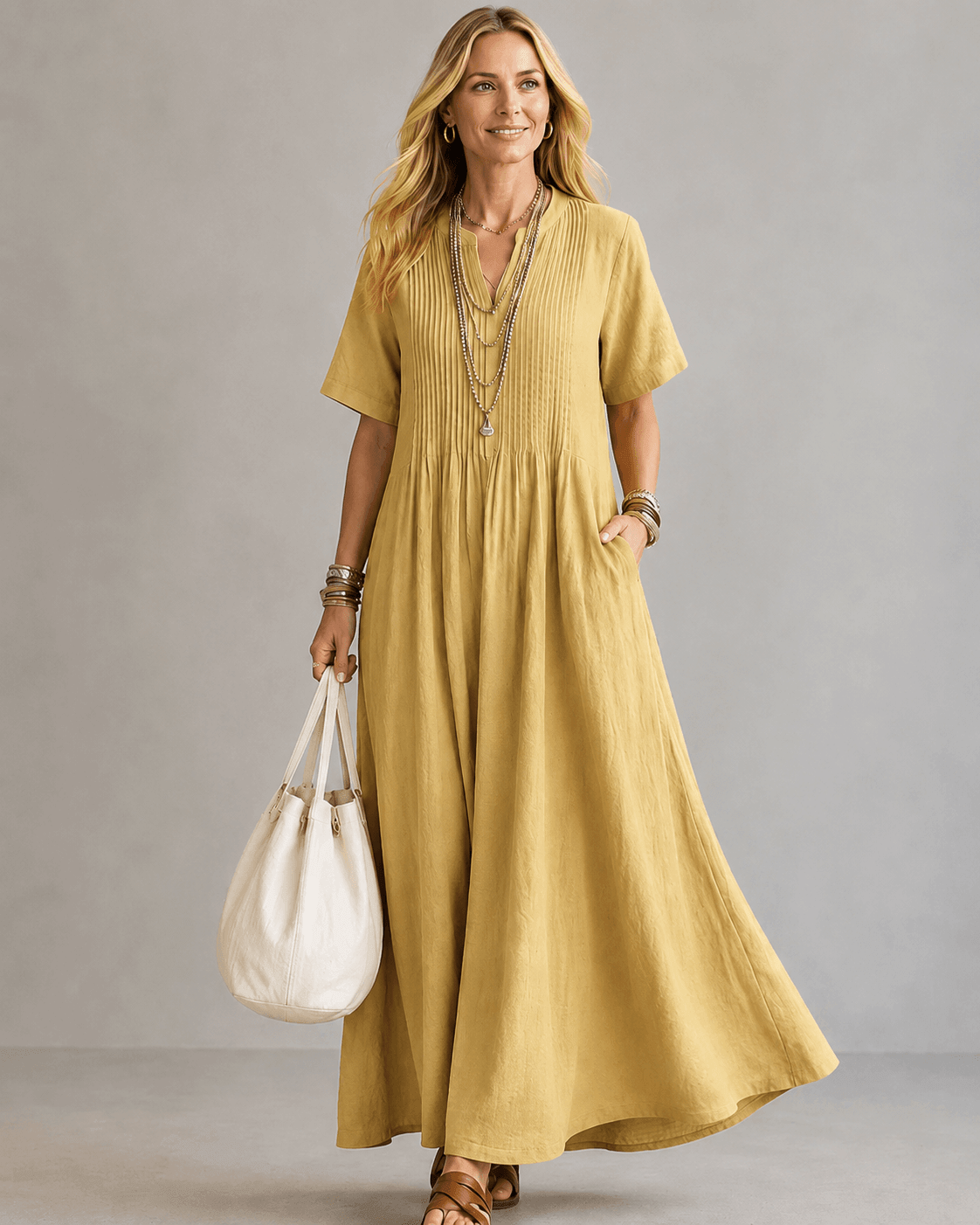 Robe Longue Plissée Femme Col V – Robe Ample avec Poches