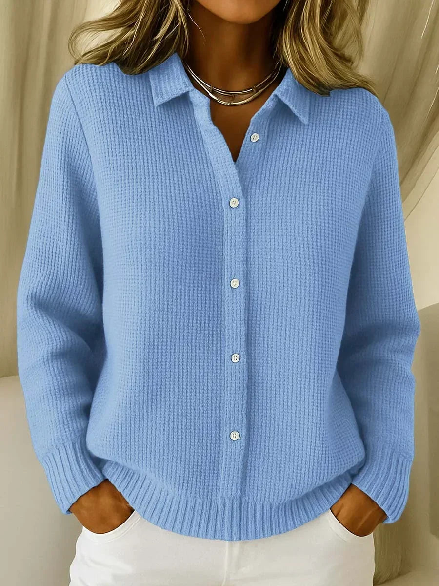 Women's Collared Waffle Knit Cardigan in Blue