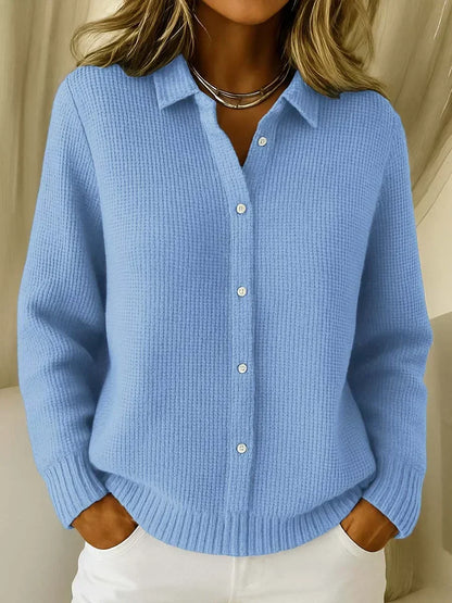 Women's Collared Waffle Knit Cardigan in Blue
