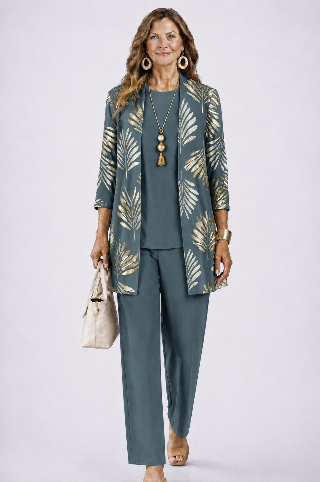 Women's Three-Piece Set – Printed Open Cardigan Top and Trousers