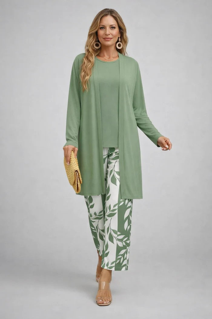 Women's Three-Piece Set – Printed Open Cardigan Top and Trousers