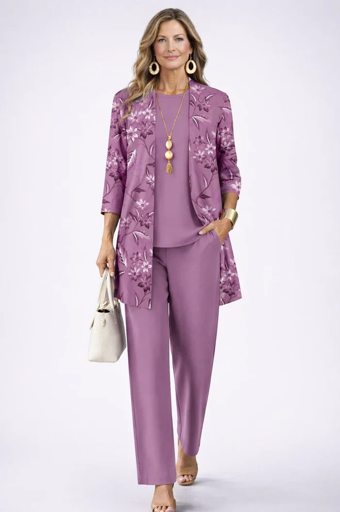 Women's Three-Piece Set – Printed Open Cardigan Top and Trousers