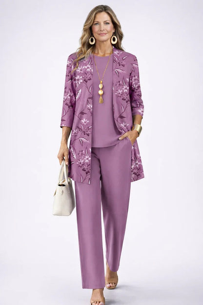 Women's Three-Piece Set – Printed Open Cardigan Top and Trousers