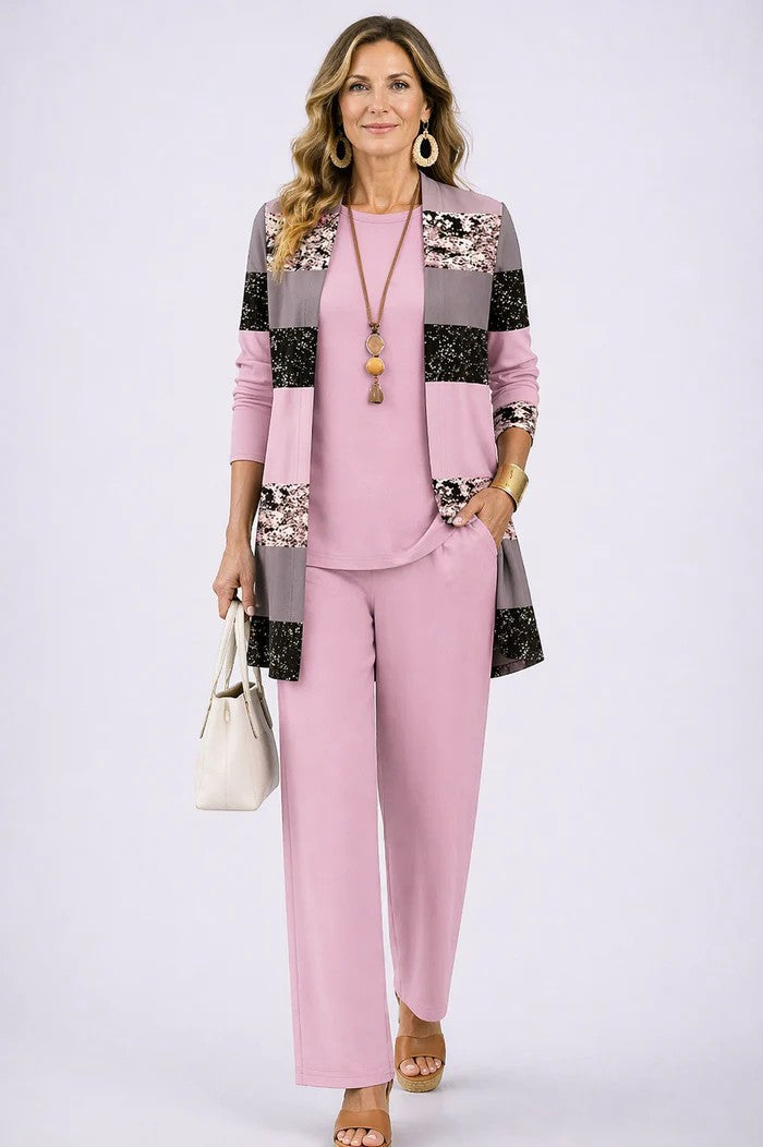 Women's Three-Piece Set – Printed Open Cardigan Top and Trousers