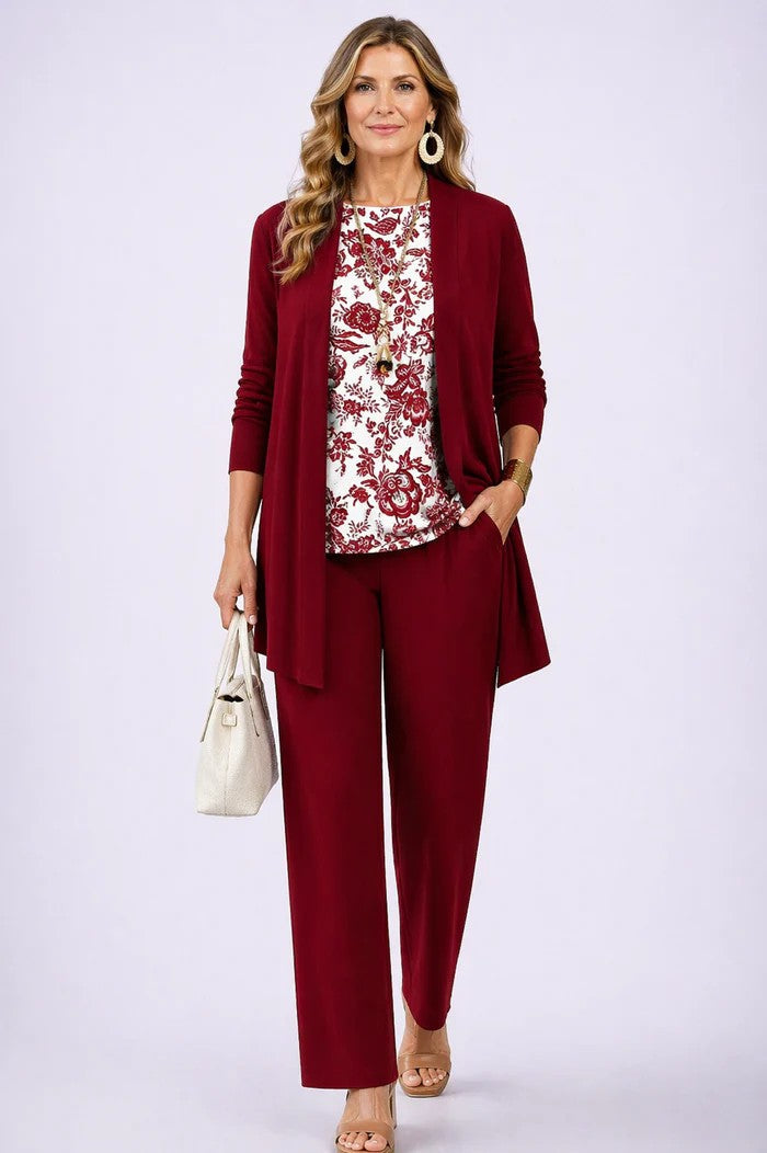 Women's Three-Piece Set – Printed Open Cardigan Top and Trousers