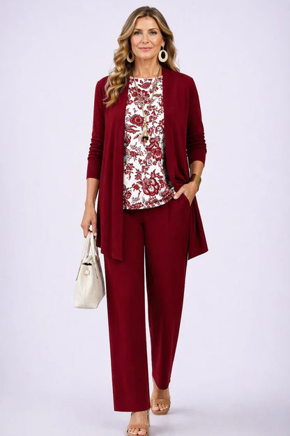 Women's Three-Piece Set – Printed Open Cardigan Top and Trousers