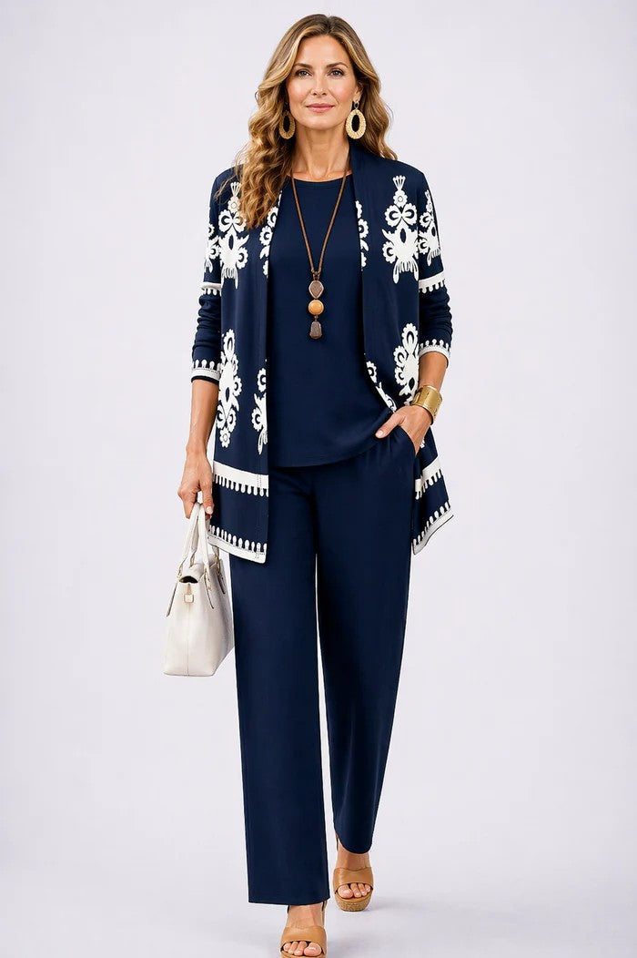 Women's Three-Piece Set – Printed Open Cardigan Top and Trousers